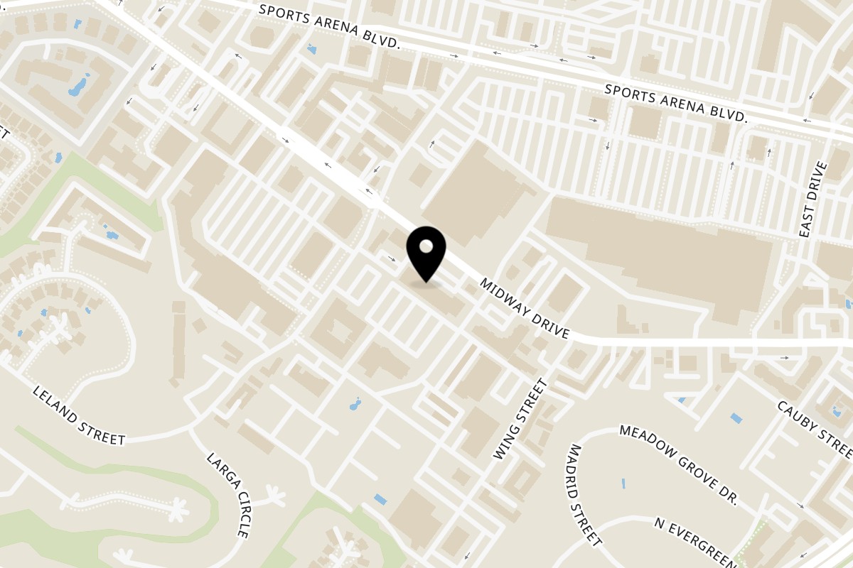Map showing the location of Kanda Thai Cuisine on 3545 Midway Dr # M in San Diego